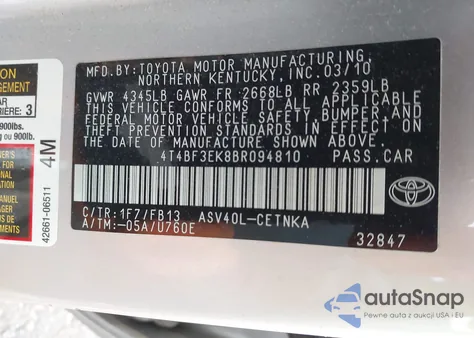 2011 Toyota Camry Le from USA, damaged, VIN 4T4BF3EK8BR094810